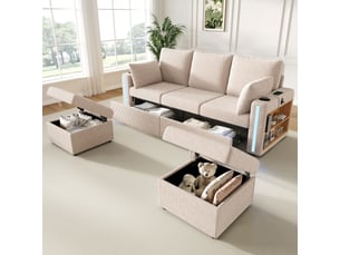 Canapé d'angle modulable en u ou l, velours côtelé beige 5 places, avec 2 poufs de rangement et éclairage led, pour salon moderne
