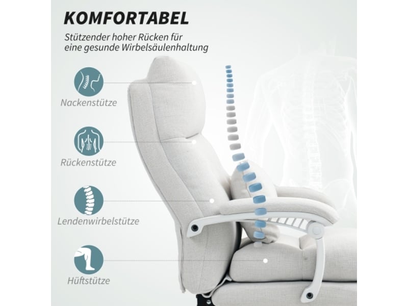 Chaise de bureau ergonomique avec soutien lombaire, repose-pieds, tissu crème, réglable en hauteur - Conforama D