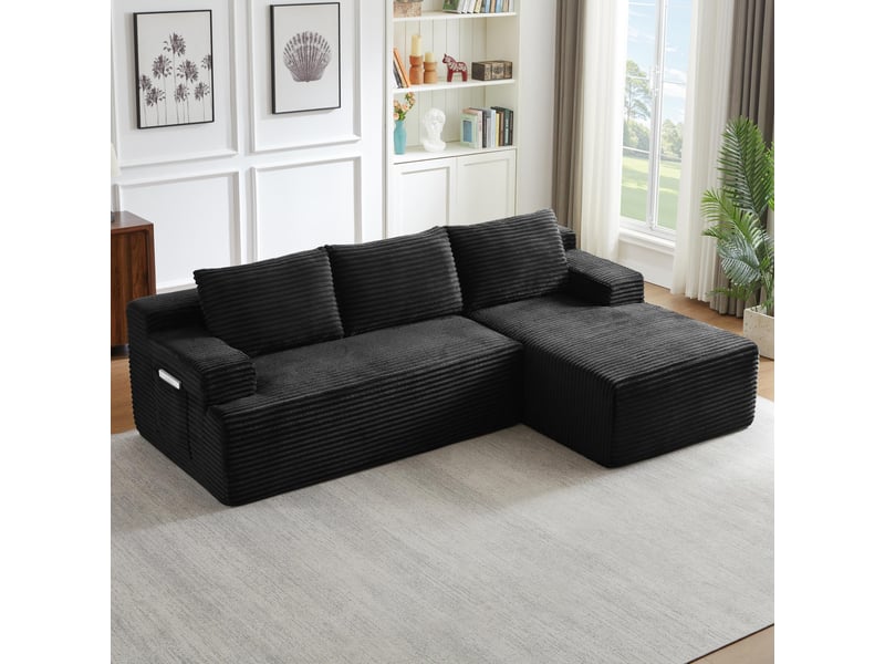 Canapé 4 places - 238x152x66cm - modulable sans montage avec méridienne droite et tissu velours côtelé - noir - Conforama C