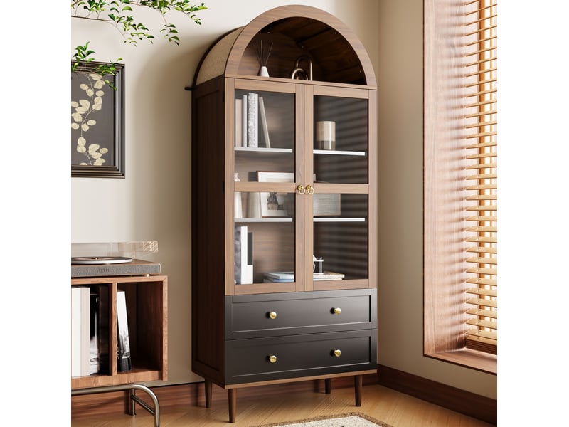  Buffet haut rétro en mdf et verre, 2 portes et 2 tiroirs, coloris noyer  - Conforama D