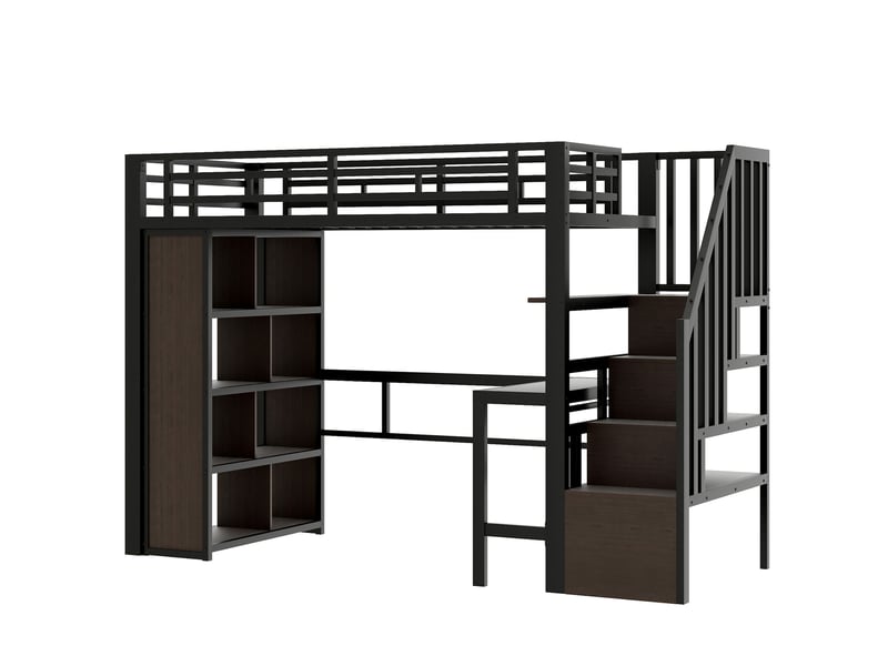  Lit mezzanine métal noir 90x200 cm avec bureau led rangement escalier  - Conforama E