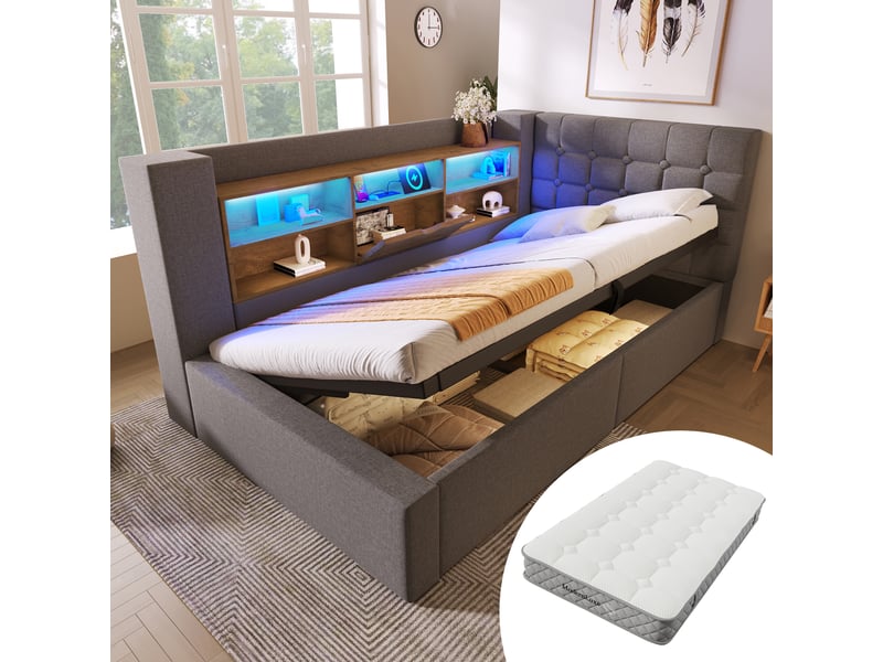  Lit en lin avec éclairage led et espace de rangement hydraulique gris 90x200cm  - Conforama E