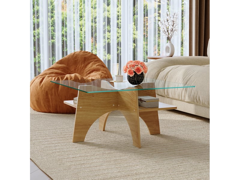  Table basse carrée ulevr avec rangement, 80 x 80 x 40 cm, verre trempé et mdf plaqué bois clair, transparent et bois  - Conforama E