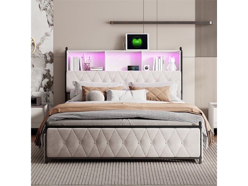  Lit 160x200cm - lit double 160x200cm - lit avec tête de lit de rangement led, station de charge et 4 tiroirs - beige  - Conforama C