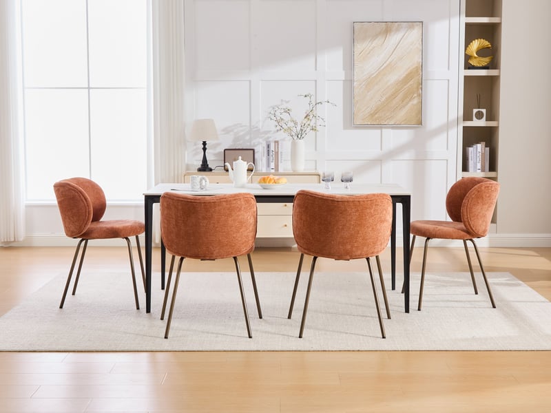 Lot de 2 chaises de salle à manger design contemporain 57 x 52 x 47 cm orange en tissu chenille rembourré dossier incurvé ergonomique pieds métal bronze pour salle à manger cuisine evarich - Conforama E