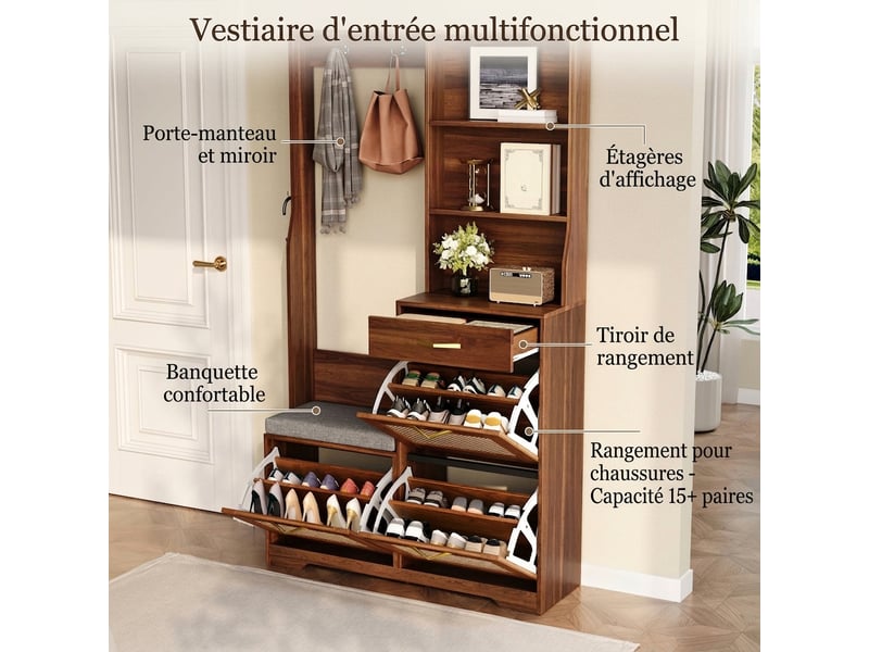  Vestiaire d'entrée avec banc et meuble d'entrée en rotin 100cm noyer  - Conforama E