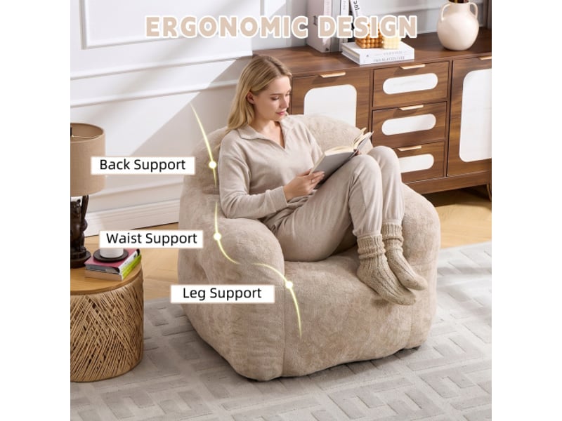  Pouf géant avec accoudoirs – fausse fourrure – fauteuil de lecture sans montage – beige  - Conforama B