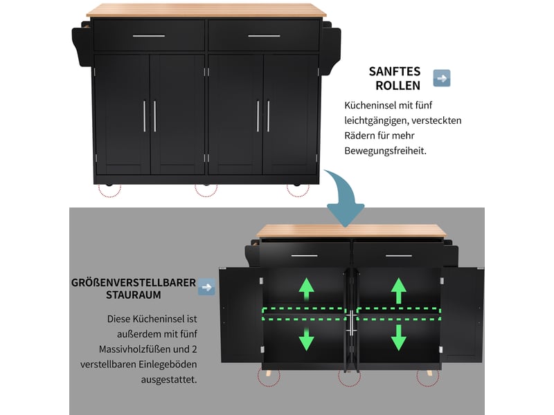 Îlot de cuisine 120x46x91,5 cm, desserte extensible avec portes, tiroirs, porte-serviette et étagères réglables, mdf, noir - Conforama E