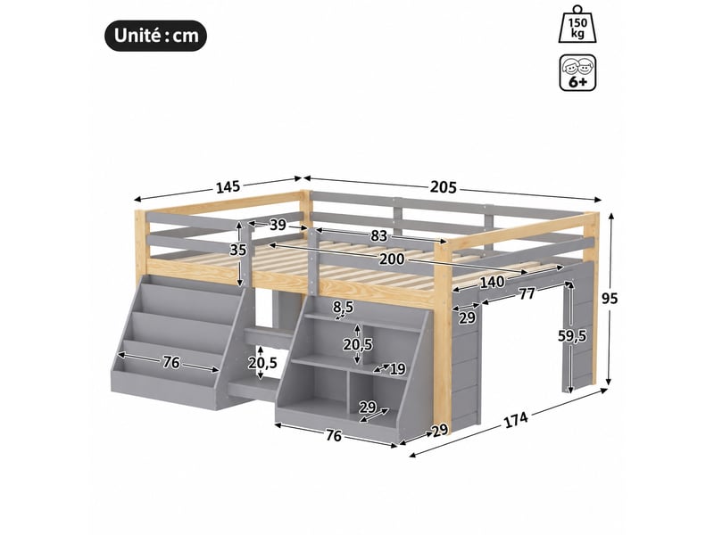  Lit mi-hauteur 140 x 200 avec rangement, led, pin, gris et naturel  - Conforama C