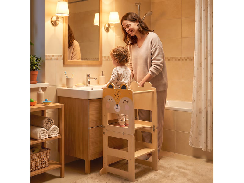  Tour d'apprentissage pliable 3 en 1 transformable en bureau et chaise avec tableau noir, motif renard naturel  - Conforama B