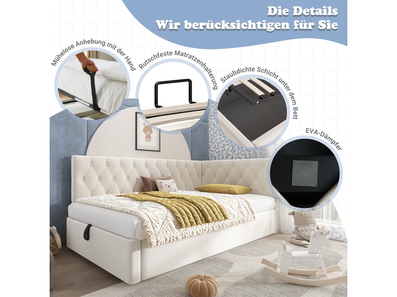  Lit banquette 90x200 lit coffre velours beige avec rangement hydraulique sommier à lattes  - Conforama R