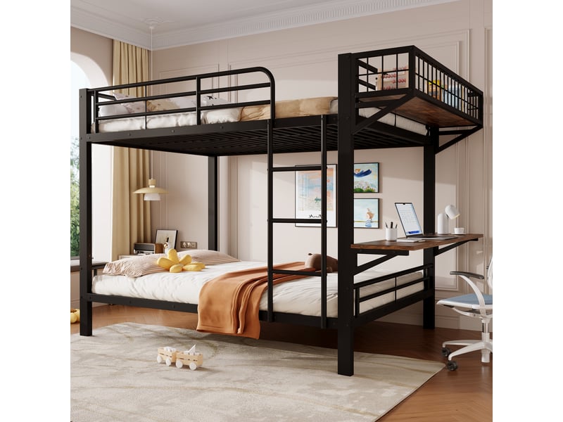  Lit superposé 140 x 200 cm avec bureau, rangement ouvert et structure en métal noir  - Conforama D
