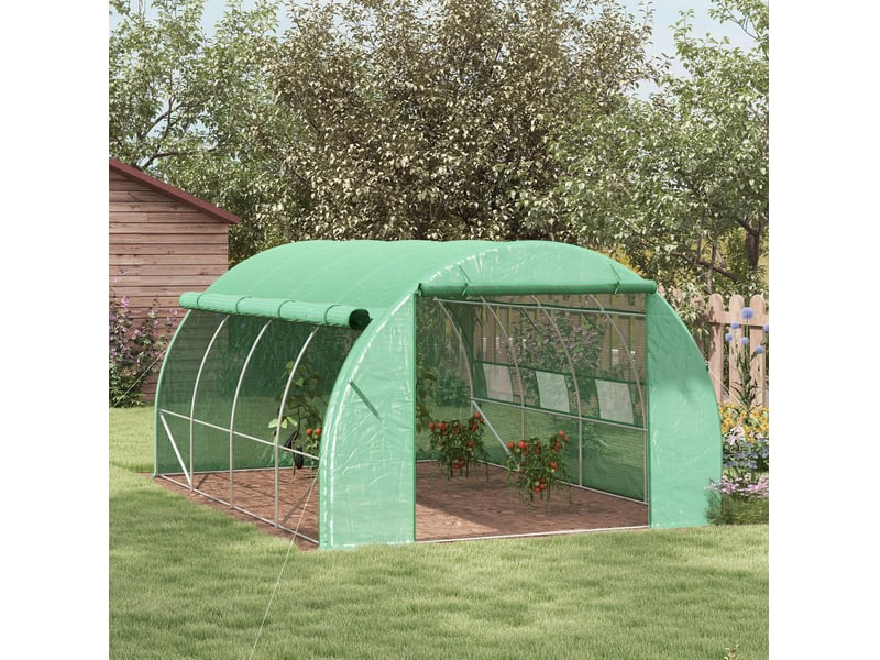 Serre de jardin tunnel 397x300x200 cm – verte – 8 fenêtres enroulables, porte zippée et protection uv - Conforama B