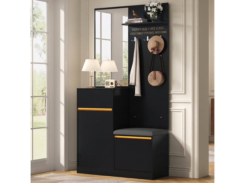 Vestiaire d'entrée noir avec miroir et banc à chaussures, meuble de couloir led, rangement moderne, 105x38x190 cm - Conforama B