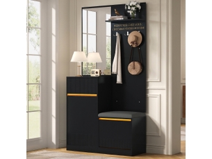Vestiaire d'entrée noir avec miroir et banc à chaussures, meuble de couloir led, rangement moderne, 105x38x190 cm