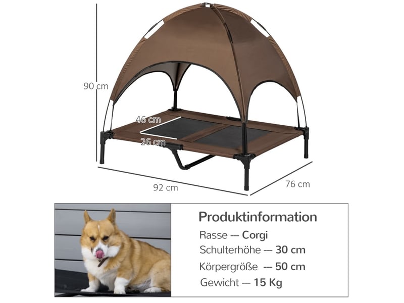  Lit surélevé chats et chiens 92 x 76 x 90 cm – marron – auvent amovible, ombre extérieure et transport facile  - Conforama C