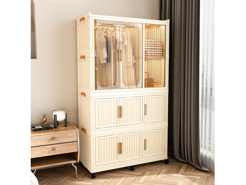  Armoire modulable pliable 92x45x158 cm avec 9 portes magnétiques couleur blanc crème, polypropylène  - Conforama E