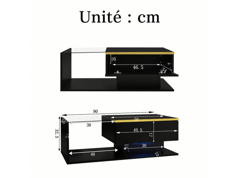  Table basse noire brillante avec rangement, plateau en verre trempé et led, 90 x 50 x 32,5 cm  - Conforama C