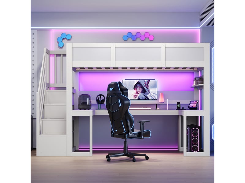 Lit mezzanine gamer avec bureau intégré 90x200cm led usb escalier rangement blanc - Conforama D