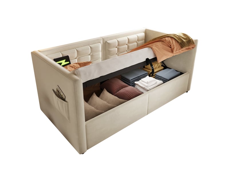  Lit banquette 90 x 200 cm avec coffre, usb et usb-c, velours beige, sans matelas  - Conforama A