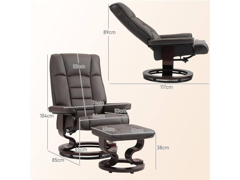  Fauteuil inclinable avec repose-pieds, pivotant et inclinable, revêtement en similicuir, jusqu'à 150 kg, structure en bois, gris  - Conforama E