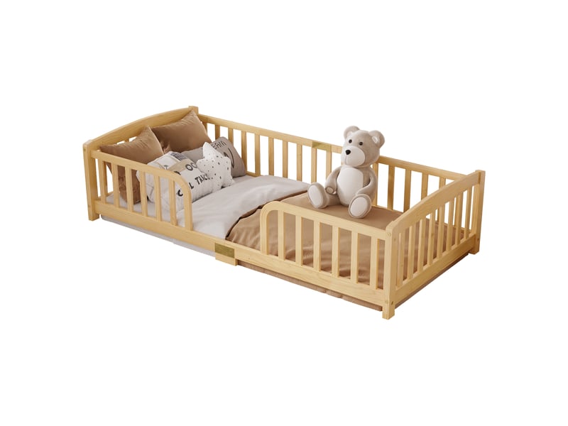  Lit enfant 90x200 cm au sol avec barrière de sécurité en bois de pin naturel - accès central sécurisé  - Conforama A