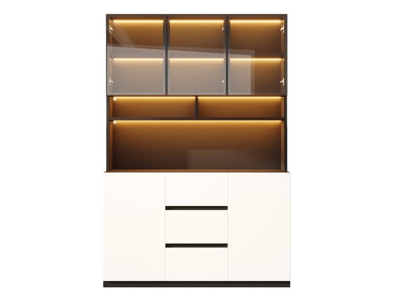  Vitrine 120x38x200 cm avec led, 4 portes et 3 tiroirs noir et blanc  - Conforama E
