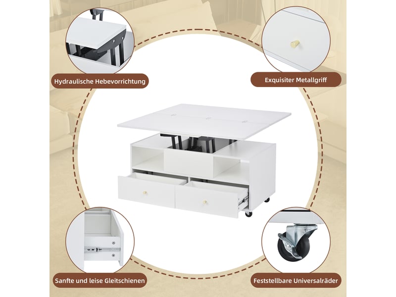 Table basse relevable et extensible blanche avec 4 tiroirs, 100x50 cm  - Conforama W