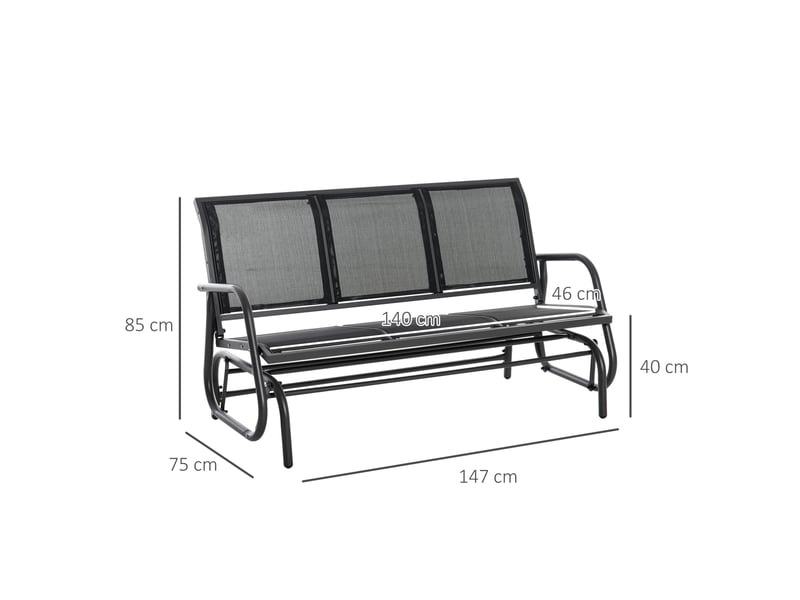  Banc de jardin 3 places à bascule en métal gris foncé, 147 × 75 × 85 cm, jusqu’à 300 kg pour terrasse  - Conforama C