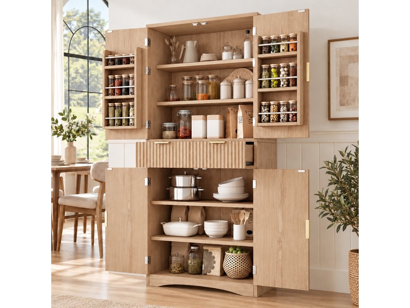  Buffet haut 78x40x180 cm avec portes à lamelles, armoire de rangement avec tiroirs et étagères réglables pour cuisine et séjour, naturel Seren Glow - Conforama D