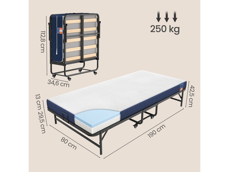  Lit pliant pour adulte avec sommier et matelas épais, sur roulettes, 190 x 80 cm, bleu  - Conforama D