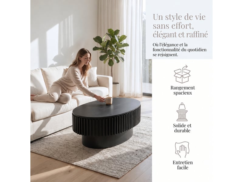  Table basse ovale 98 cm muvano avec rangement caché, table de salon cannelée noir mat en mdf, 98 x 60 x 35 cm  - Conforama D