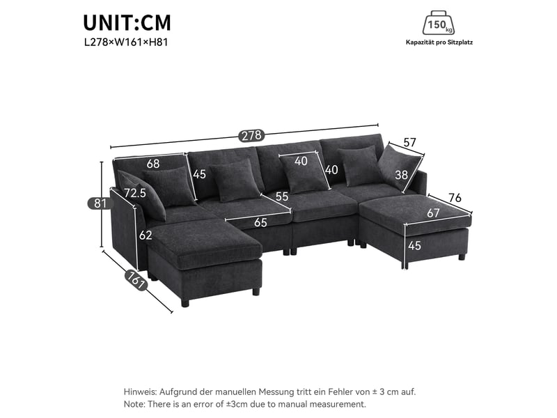 Canapé d’angle modulable 46 places en u ou l 278x161x81 cm avec 2 poufs amovibles, 6 coussins, canapé en tissu chenille - gris - Conforama D