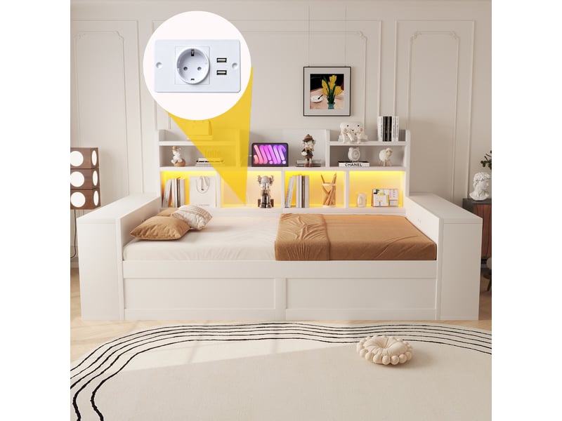  Lit banquette simple 90×200 cm avec coffre hydraulique, led et prise - okmyhome- blanc, sans matelas, mdf  - Conforama B