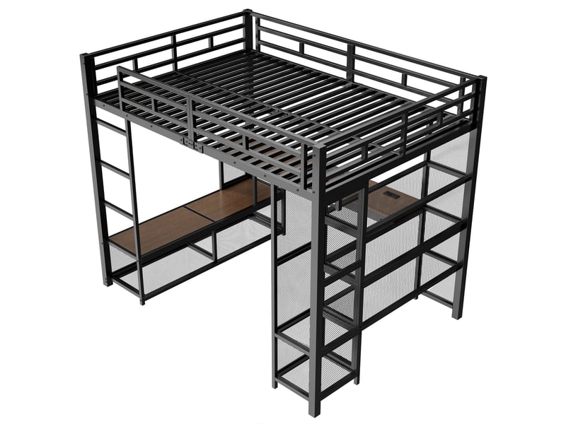Lit mezzanine 140x200 cm noir, avec bureau, rangements, penderie, led 16 couleurs, usb, structure métal, sommier inclus, sans matelas - Conforama D