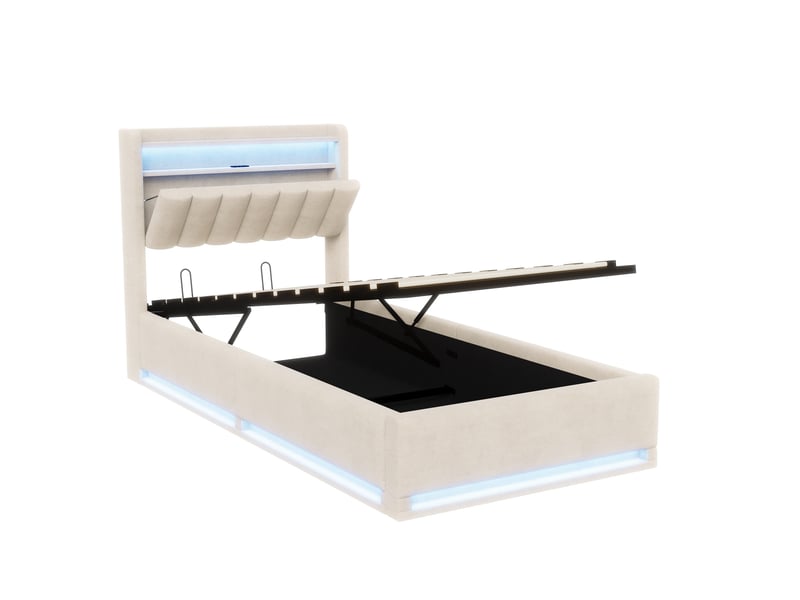  Lit coffre 90x200 cm avec éclairage led et usb, lits simple avec espace de rangement hydraulique et tete de lit, sommier à lattes, velours, beige  - Conforama R