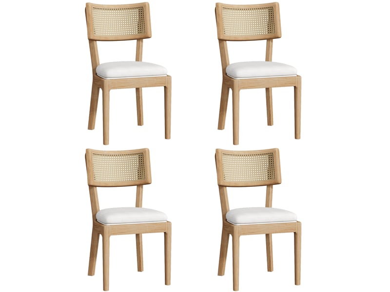  Chaises de salle à manger lot de 4 avec dossier en rotin  - assise rembourrée lin bois massif bois  - Conforama A