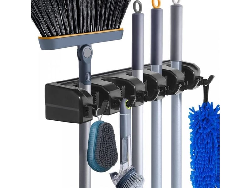  Support mural pour balai et serpillière, organisateur d'outils de jardin, étagère de rangement avec crochets, noir  - Conforama A
