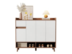 Buffet 120x35x99 cm – blanc et naturel – 4 portes, 1 tiroir, étagère réglable pour salon et cuisine