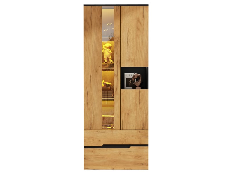  Vitrine naturelle à led avec 3 portes et 2 tiroirs, en mdf, 70 × 35 × 180 cm, meuble de rangement moderne pour salon  - Conforama A
