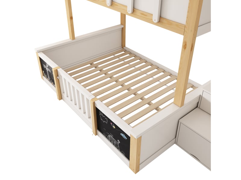  Lit superposé 90×200 cm et 140×200 cm avec escalier de rangement, bois blanc et naturel sans matelas  - Conforama D