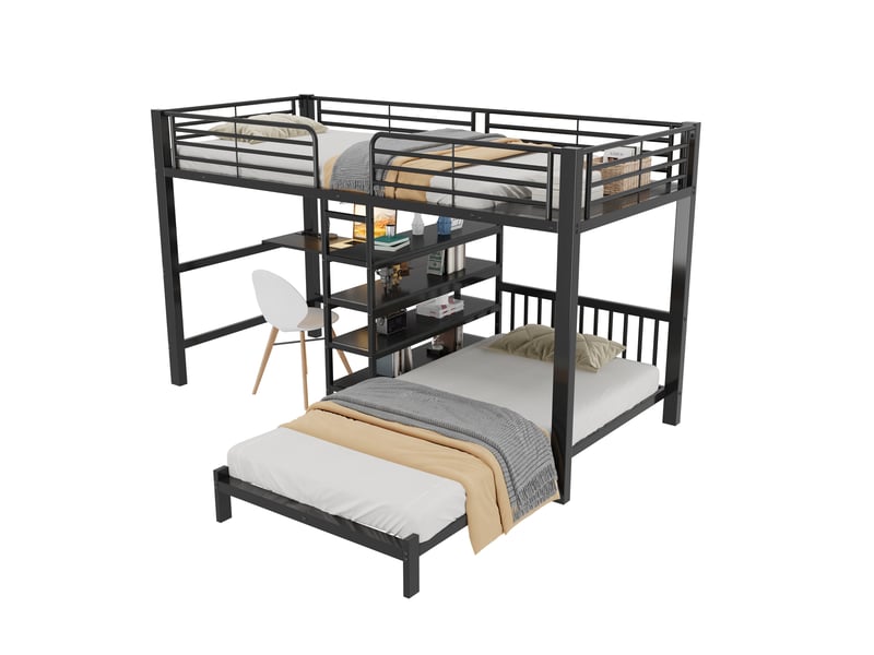  Lit superposé multifonction 2 couchages 90x200 cm, bureau en l, escalier avec rangements, usb et usb-c, étagères, métal noir Radiant Stride - Conforama A