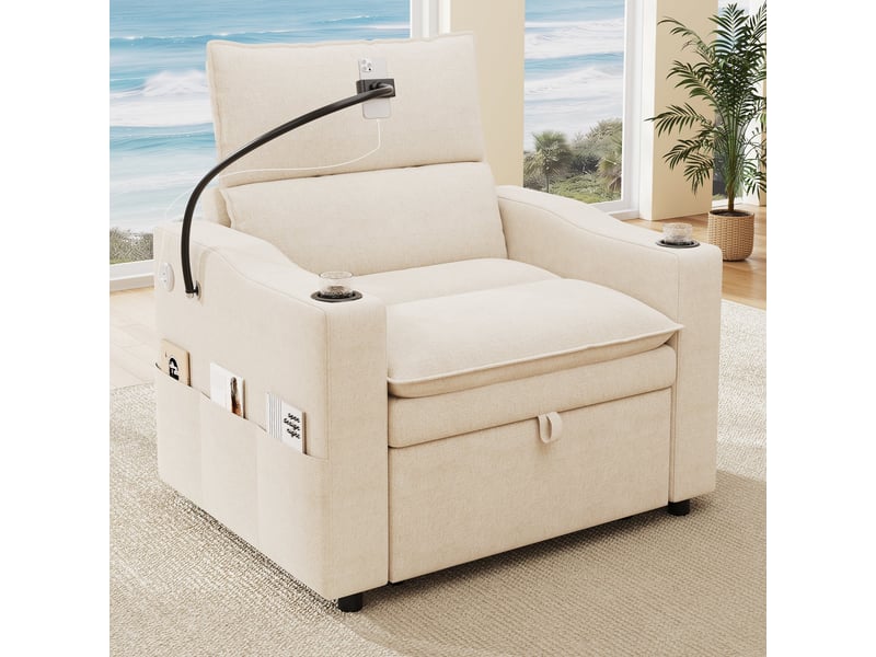 Fauteuil convertible 3 en 1 en chenille beige, usb-c, support téléphone, dossier réglable et porte-gobelets - Conforama B