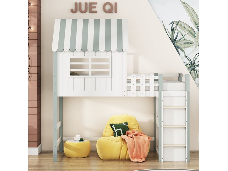  Lit mezzanine enfant 90 x 200 cm en bois avec toit, échelle et barrière verte  - Conforama E