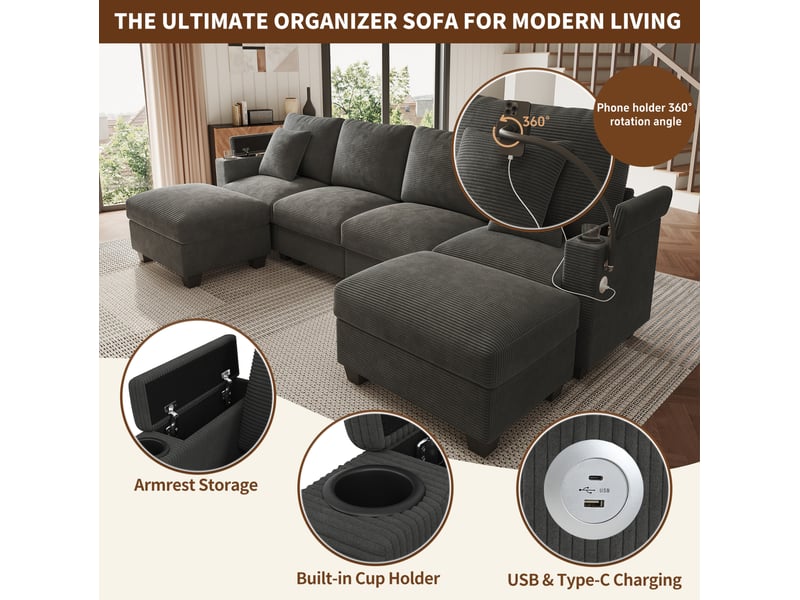 Canapé modulaire en u 6 places 275,5 x 139 cm – gris – velours côtelé, usb-c, rangement et pouf intégré - Conforama E