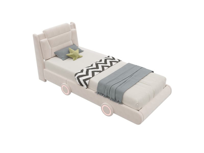  Lit rembourré pour enfants 90x200cm - lit en forme de voiture de course - hauteur de tête de lit réglable - avec éclairage led - tissu velours - beige (sans matelas)  - Conforama A