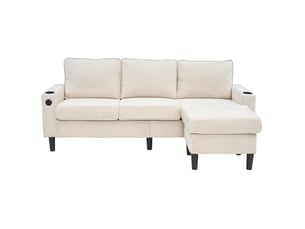 Canapé d'angle convertible 4 places en tissu beige avec usb, type-c, pouf modulable et 2 porte-gobelets