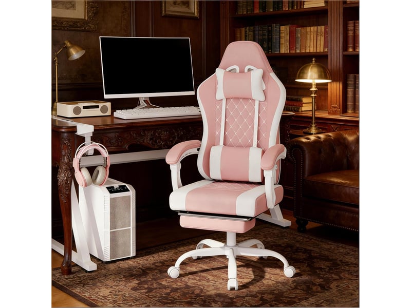  Chaise de bureau ergonomique 70 x 70 x 119,5-127 cm - gaming massage inclinable 145° avec repose-pieds retractable - tissu - blanc et rose  - Conforama E
