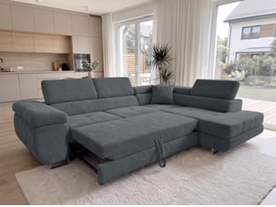 Canapé d'angle droit convertible <strong>AX LIVING </strong> <strong>Konak</strong> 4 places Velours côtelé gris avec coffre de rangement