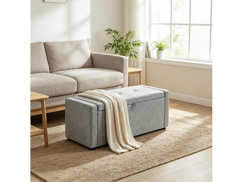  Banc de rangement gris clair 122 cm en tissu avec assise capitonnée et coffre  - Conforama B